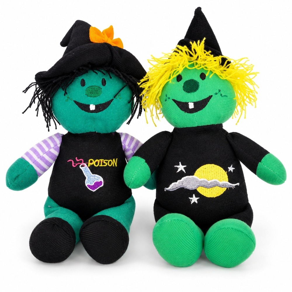 Vintage Kellytoy Halloween Witch Plush Pair Green Poison Potion Moon 10" NWT